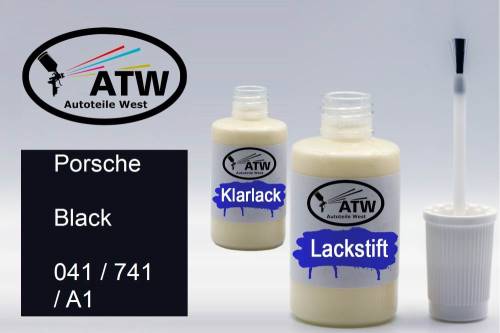 Porsche, Black, 041 / 741 / A1: 20ml Lackstift + 20ml Klarlack - Set, von ATW Autoteile West.